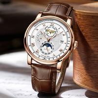 Montre mécanique automatique de luxe pour homme, heure mondiale, phase de lune, date, calendrier, bracelet en cuir étanche, montre-bracelet pour homme