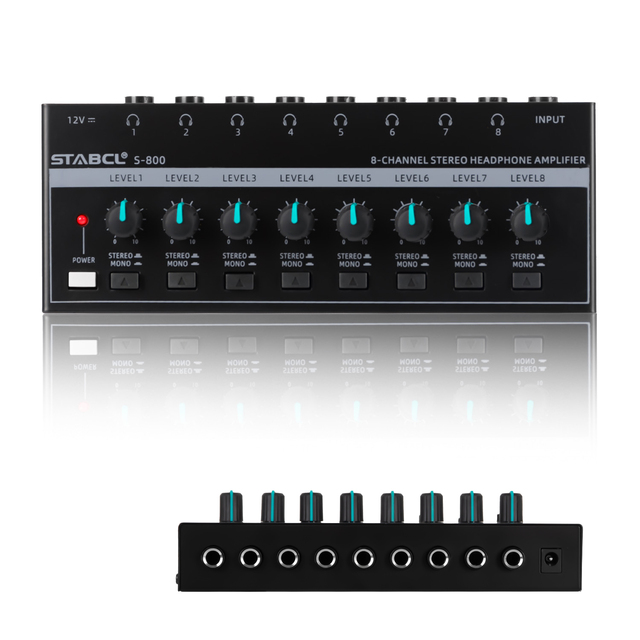 STABCL S-800 Mini 8-Channel Stereo Headphone Amplifier 12V Portable Power Amplifier Independent Sound Switch Volume Adjustment