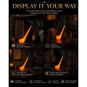 RHUTQP Dragon Bookshelf Nook <b>Light</b> 3D Printed <b>LED</b> Fire Breathing Fantasy Shelf Decor Flying Design Blue or Red Flame Large - Product Image 5