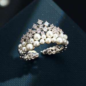 Pearl And Zircon Crown Open <b>Ring</b> Micro Pave Adjustable Index <b>Finger</b> <b>Ring</b> For Women Party Jewelry - Product Image 1