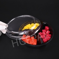 Boîte alimentaire jetable en plastique PET/RPET transparente, écologique, ronde, 180 mm, 3 compartiments, pour fruits, noix, en-cas, salades, à emporter
