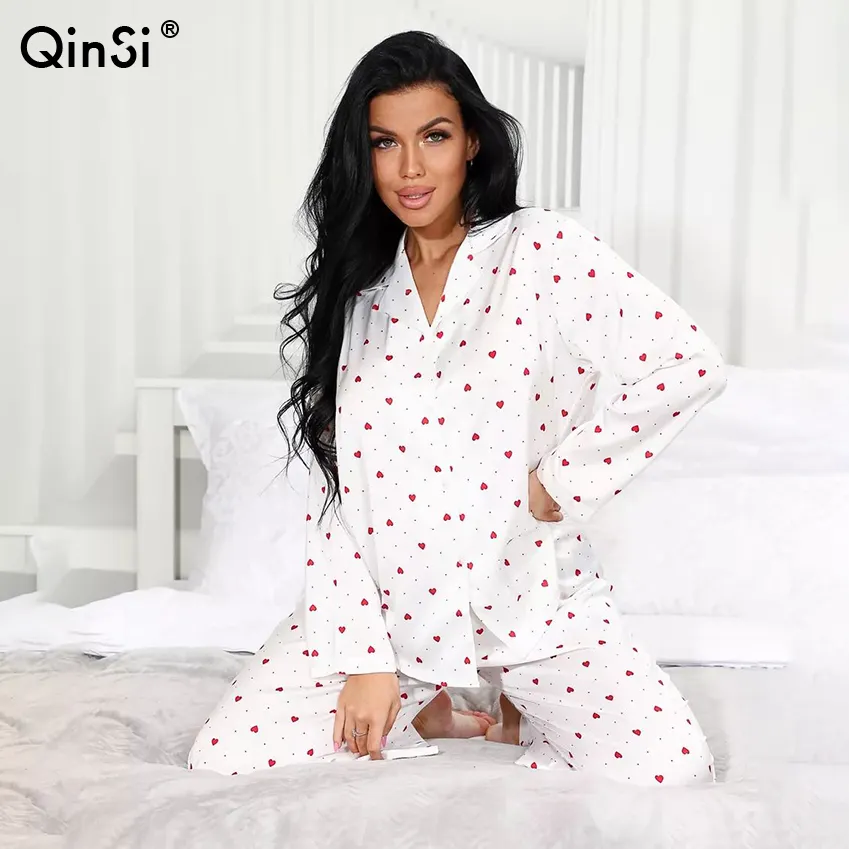QINSI طباعة النساء ملابس النوم بدلات طويلة الأكمام قمصان نوم مثير طوق الظهر الى الاسفل بيجامة السراويل مجموعة كاجوال النسائي ملابس النوم