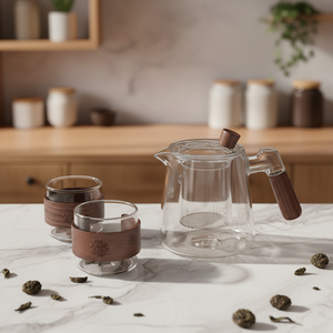 Набор для чая из 5 предметов: классический дизайн, пищевое боросиликатное стекло, с чайником, деревянной подставкой, маленькими чашками и боковой ручкой, для путешествий - Product Image 5