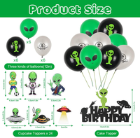 Décorations de fête d'anniversaire sur le thème des vaisseaux spatiaux, des OVNIs et des extraterrestres : Bannières, guirlandes, décorations pour cupcakes et gâteaux, ballons en latex imprimés à l'hélium, fournitures cadeaux