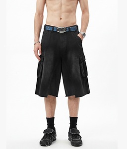 Pantalones Cortos Cargo Negros para Hombre, Cintura Media, Estilo Workwear de Lona con Bolsillos, Transpirables, Cierre de Botón, Largo Bermuda, Color Sólido - Product Image 1
