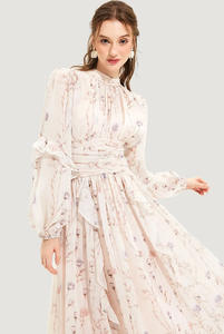 Liu Ming 2025 Nieuwe Damesjurk Van Chiffon-Bloemenprint Met Ruches En Lange Mouwen (Elegante Midi-Lengte) - Product Image 4