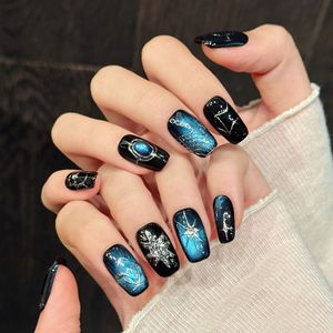 Uñas postizas cuadradas tipo stiletto, rosa intenso, efecto ojo de gato, con mariposas y diamantes brillantes, hechas a mano, pre-diseñadas, listas para usar, con pegamento para salón. - Product Image 4