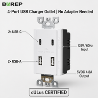 Stopkontak Charger USB Dalam Dinding BAREP 4.8A 2 USB-C 2 USB-A Bersertifikasi CULus dengan IC Pengisian Cerdas untuk Pemasangan Kotak Standar AS