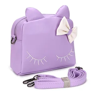 粉红色或紫色可爱的猫形状 pu 皮革小女孩斜挎包钱包迷你 3d 背包儿童包女性肩膀离合器