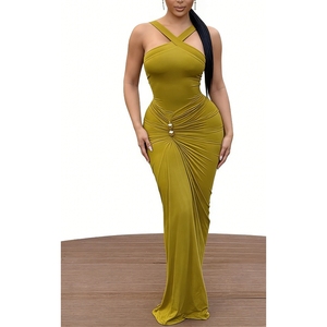 Vestido Maxi de un Solo Hombro con Fruncido y Detalles Dorados para Mujer, Vestido de Noche Ajustado sin Mangas para Eventos Formales - Product Image 3