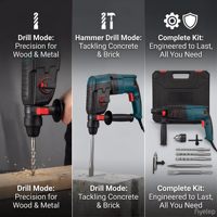Marteau perforateur rotatif électrique OEM 3-en-1, 2-28 mm, pour bricolage, démolition et perçage à percussion, 220 V, multifonction