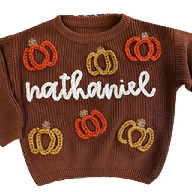 Halloween a mo-order high quality custom name knit chunky sweater hand embroidered baby girl sweater