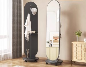 Rotating Wood Hat Storage Rack with <strong>Large</strong> Size <strong>Mirror</strong> <strong>Freestanding</strong> Full Length Body <strong>Mirror</strong> Movable Dressing <strong>Mirror</strong> with Wheels - Product Image 6