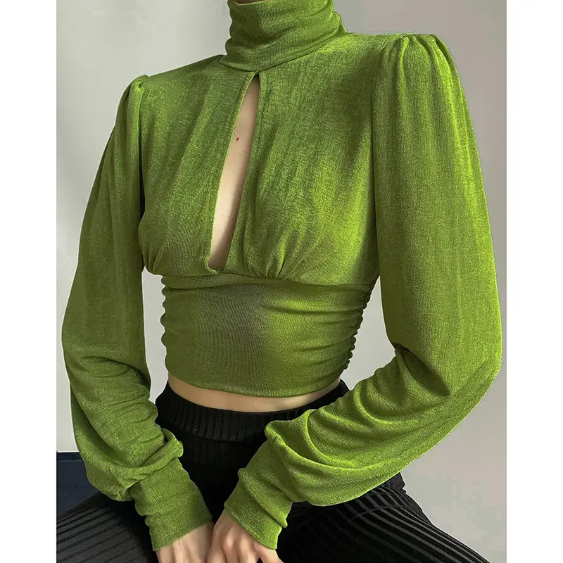 2023 Autumn high collar hollow out solid color long sleeve sexy girdle versatile top women