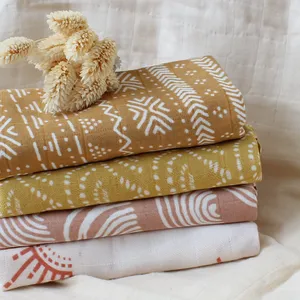 Couverture d'emmaillotage en coton de bambou à imprimé feuilles et carreaux, serviette anti-bave, lingettes à éructation, couches lavables pour nouveau-né, carrés de mousseline 60x60cm - Product Image 3