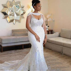 Vestido de Novia Personalizado con Diseño Nuevo, Borlas, Color Blanco, Talla Grande, Estilo Sirena, Musulmán, Hecho a Medida, con Encaje, 2024 - Product Image 4