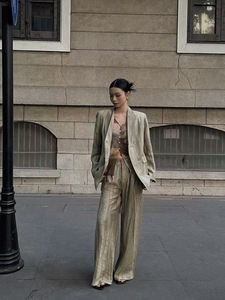 2025 primavera nuova arrivata giacca con collo <span class=keywords><strong>in</strong></span> cotone e <span class=keywords><strong>lino</strong></span> pantaloni larghi a vita alta - Product Image 4