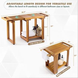 Wooden Bathroom Stool With <b>Storage</b> Shelf Foldable <b>Shower</b> Seat Adjustable Size For Bathtub Use - Product Image 4