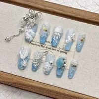 Faux ongles à presser en gros, faits à la main, forme longue queue de sirène bleue, en acrylique, avec accents océaniques