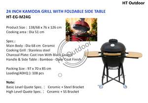 Gril à charbon de bois Kamado en céramique de 24 pouces avec chariot et table d'appoint pliable en bambou pour <span class=keywords><strong>barbecue</strong></span> et cuisine en plein air - Product Image 4