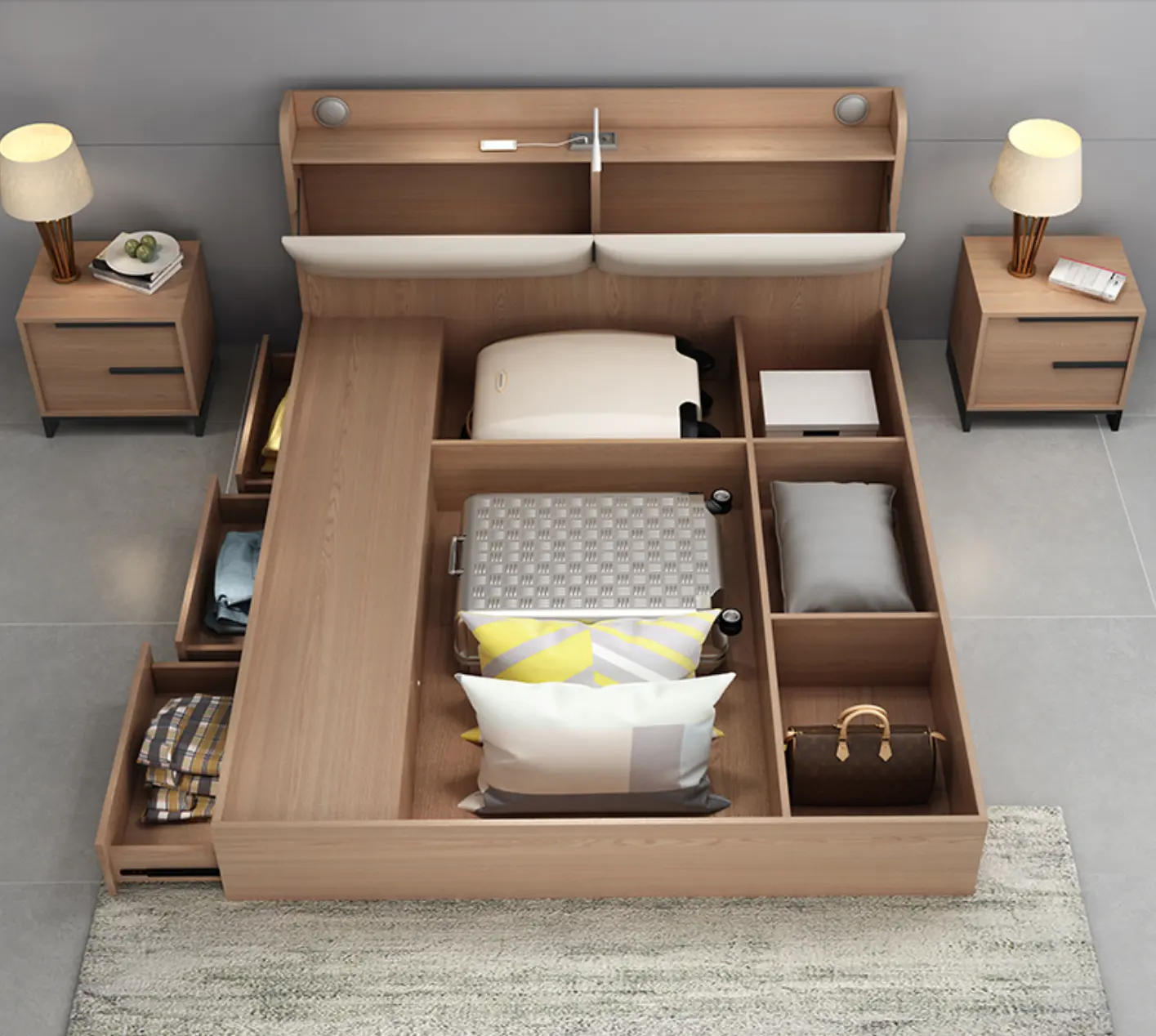 Modern King Size MDF Wooden Double bed with Storage Box drawer bedroom furniture bedroom sets