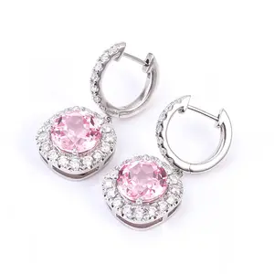Pink sapphire dangle earrings round 8mm 5cts stones with diamond halo for women moissanite hoop earring