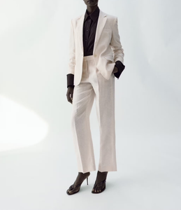 Elegante Blazer Beige Claro de Un Solo Botón para Mujer, Chaqueta Casual de Oficina de Corte Holgado, Abrigo Transpirable de Mezcla de Lino con Solapa - Product Image 3