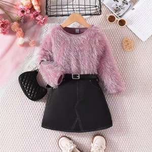 Top de piel rosa de estilo europeo y americano + Falda corta negra Conjunto para niños Conjunto de dos piezas de otoño e invierno