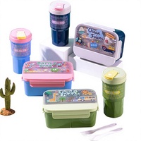 Ensemble boîte à lunch et gourde de dessin animé avec couverts, en plastique alimentaire, idéal pour les étudiants, compartiments divisés, 3 niveaux, fermeture hermétique