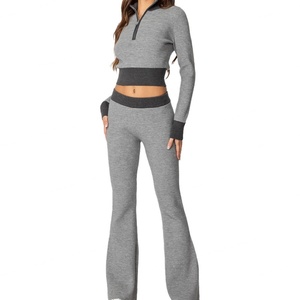 Ensemble deux pièces décontracté pour femme avec logo personnalisé, nouvelle mode, col montant, motif uni, haut court, pantalon évasé en tricot - Product Image 2