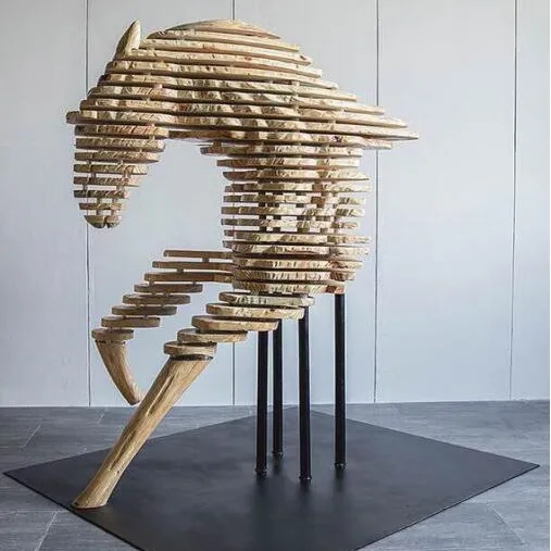 Escultura de caballo de madera abstracta para exteriores e interiores