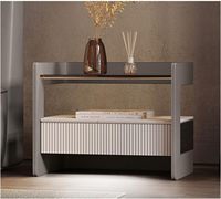 Mesita de Noche Moderna con Sensor Inteligente y Cajón de Madera, Mesita de Noche con Tapa de Cristal, Mesa Auxiliar Minimalista, Mesita de Noche de Cuero