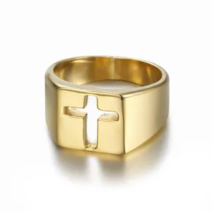 Custom Religieuze Sieraden Rvs Pvd Vergulde Christelijke Heilige Kruis Gebed Jeruzalem Kruis Signet Ringen Voor Mannen Vrouwen