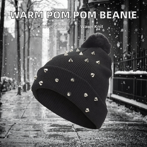 Bonnet d'hiver tricoté streetwear unisexe avec pompon, doux, à revers, style Hip Hop Punk avec rivets, chaud, pour le voyage - Product Image 2