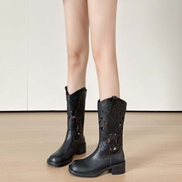 Bottes de cowboy occidentales respirantes grande taille printemps-été, à plateforme rehaussante, brodées, style Hollow Knight, à col en V
