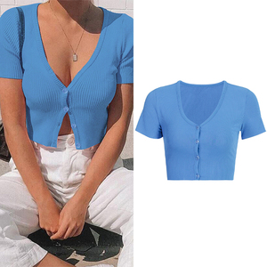2020 nuevo Color sólido Botón de manga corta de mujer Ribbed Crop Top 2020 mujeres camiseta - Product Image 1