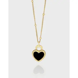 925 Sterling Silver 18K Gold Plated Natural Black Agate Double-sided White Black Shell Stone Heart Gemstone Pendant Chokers