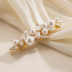Barrette à cheveux de <span class=keywords><strong>mariée</strong></span> en perles et cristaux, plaquée or, avec feuilles, perles et strass – Accessoire de <span class=keywords><strong>coiffure</strong></span> élégant pour mariées - Product Image 5