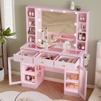 Coiffeuse de chambre moderne avec miroir, éclairage RGB, meuble de maquillage avec armoires en verre, table de maquillage LED réglable et prise de courant intégrée