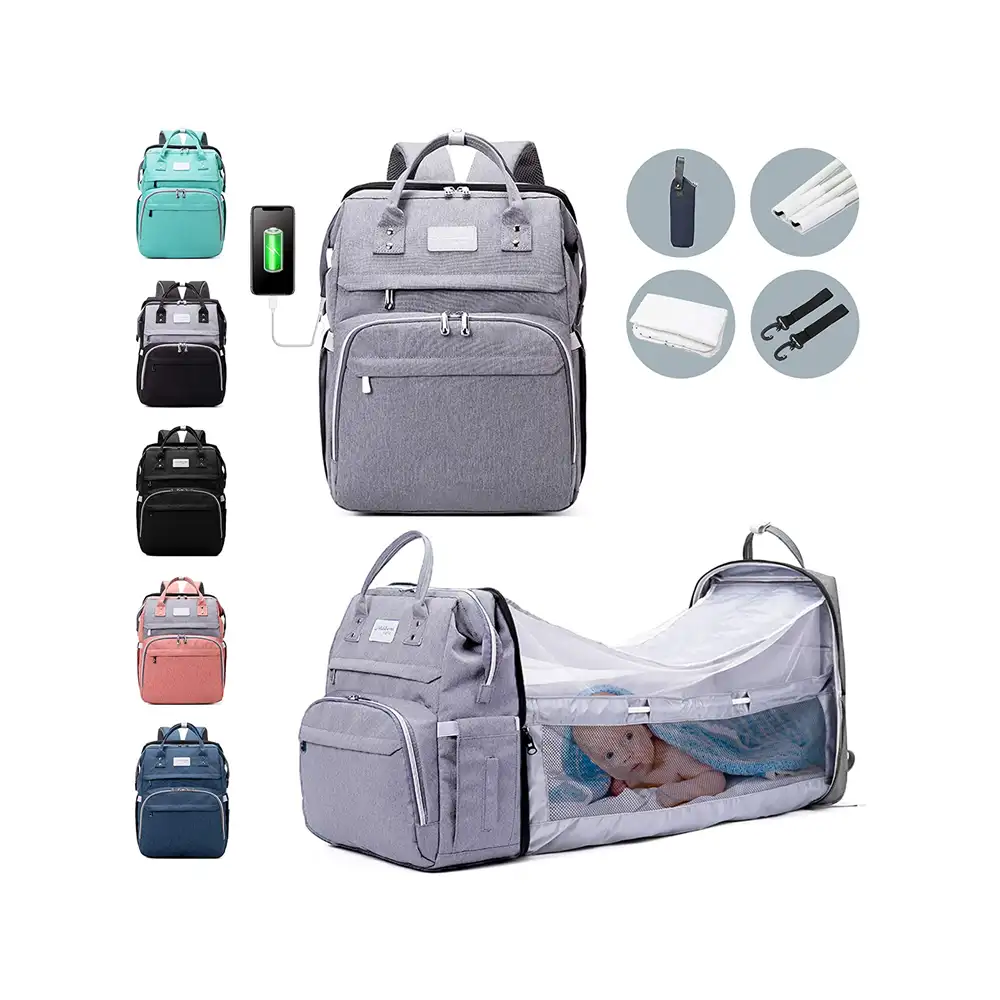7-में-1 बदलते स्टेशन के साथ डायपर बैग बैग बड़ी क्षमता निविड़ अंधकार बैग के साथ Foldable बच्चे बिस्तर मातृत्व मम्मी लंगोट बैग