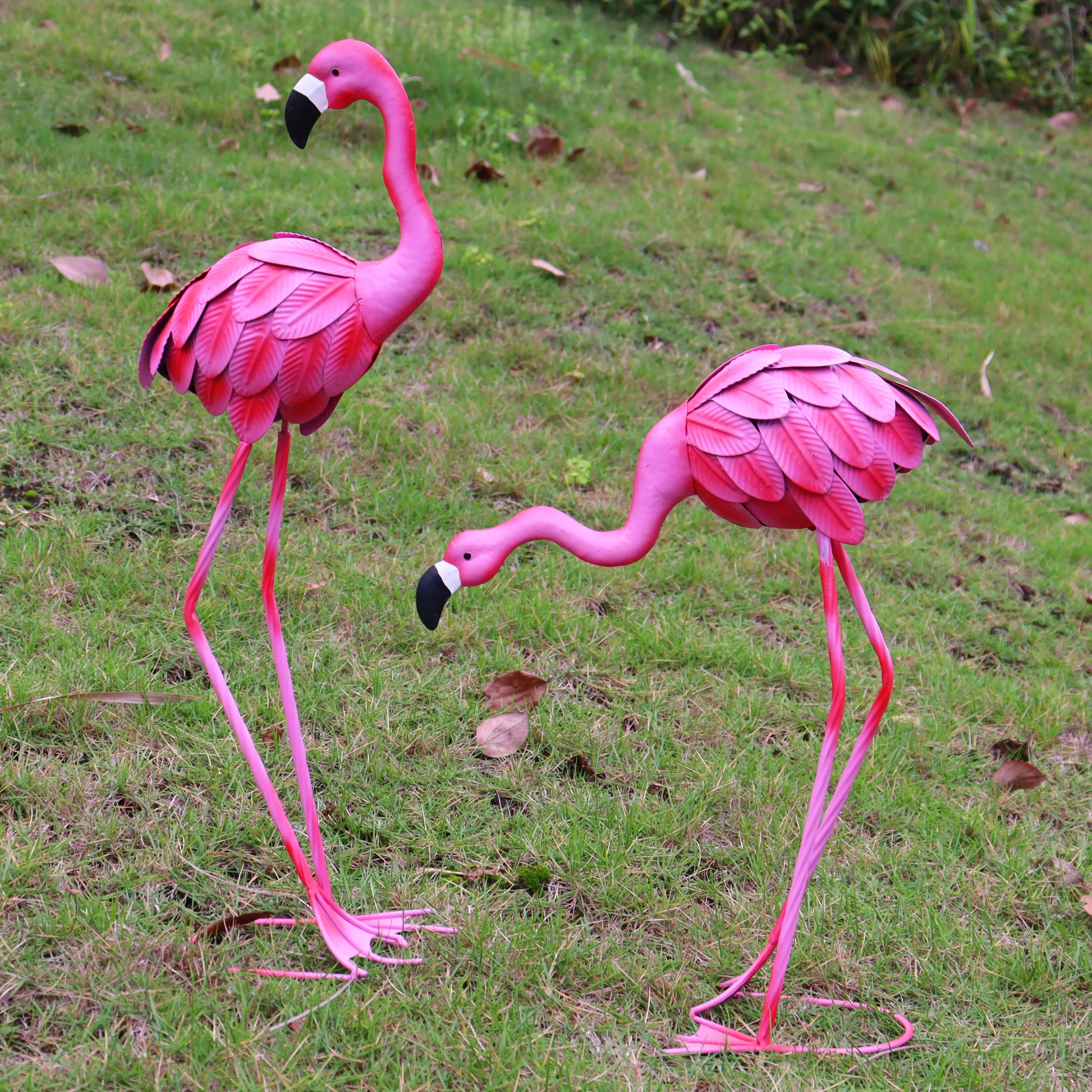 Ornamen Taman Flamingo logam, dekorasi pintu keluar seni logam merah muda Flamingo