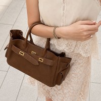 Sac fourre-tout grande capacité en PU couleur unie avec fermeture à loquet, mallette de luxe légère, sac à bandoulière multi-poches pour femme avec ceinture décorative