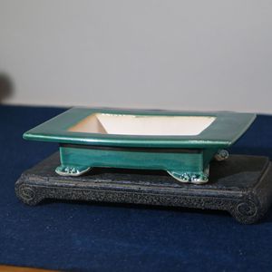 Handmade Rectangular Ceramic Bonsai Pot Japanese Cloud Foot Flat <b>Trough</b> Green Glaze Zhang Kelei Style - Product Image 1