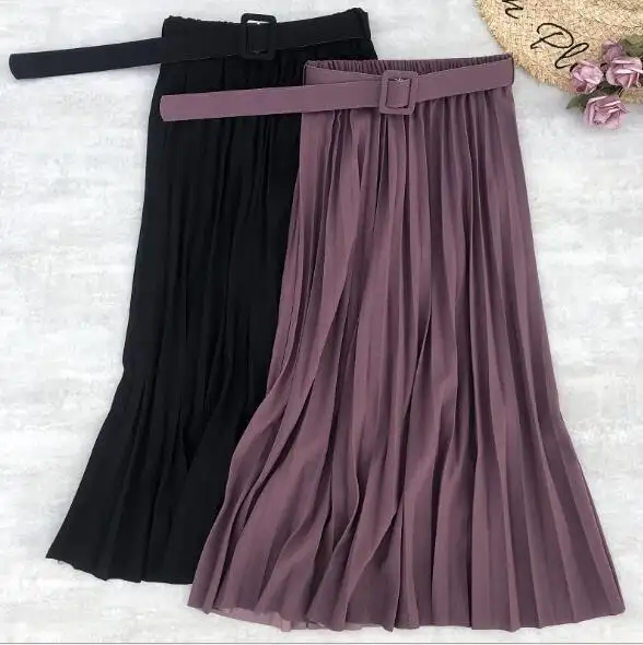 ecowalson Fashion Women Skirts with Belt High Waist Chiffon Pleated Long Skirts For Women Daily Office Skirts