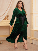 Vente chaude Vert Velours À Manches Longues Maxi Robe Col V Fendu Plus La Taille 4XL Robe Avec Ceintures