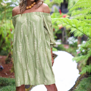 Robe midi ample à imprimé floral de style plage, de haute qualité, à épaules dénudées, personnalisée, 100% voile de rayonne - Product Image 2