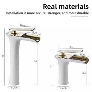 Robinet de lavabo cascade en laiton, monotrou, mitigeur chaud/froid, ergonomique, blanc doré, double hauteur, pour lavabo de salle de bain à domicile ou à l'hôtel - Product Image 4