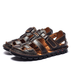 Sandales d'été pour hommes en cuir véritable avec boucle, lanières croisées, bout ouvert, semelle extérieure en caoutchouc, doublure textile, chaussures décontractées respirantes - Product Image 5