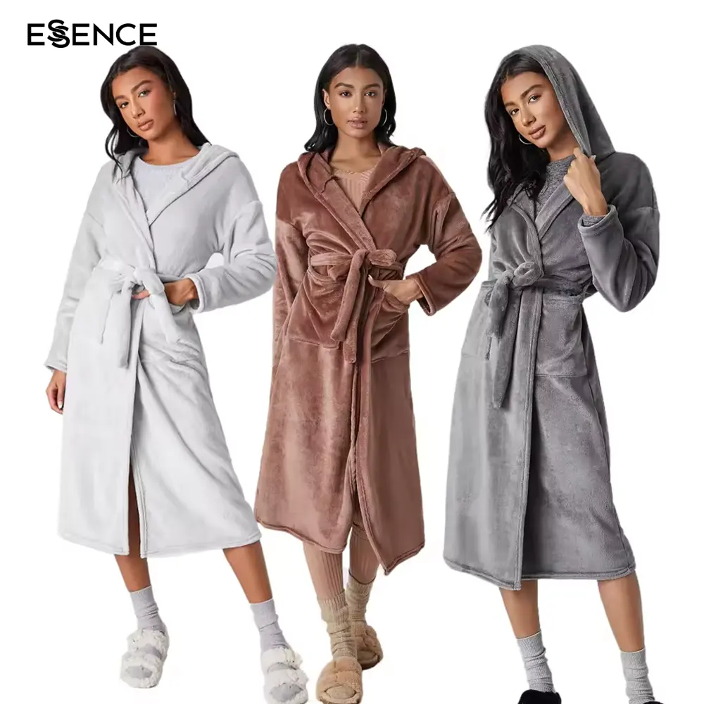 Custom Hooded Belt Spa Hotel Bath Robe Winter Fleece Thermal Velvet Women Bathrobe Flannel Women Robes