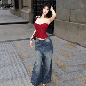 Jeans à jambes larges à taille basse en style vintage européen américain avec strass lavés pour femmes, coupe slim, fermeture éclair, pantalon long décontracté - Product Image 6